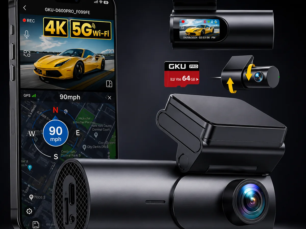 GKU D600 Pro Dash Cam 4K 5G WiFi GPS con cámara trasera y 64GB